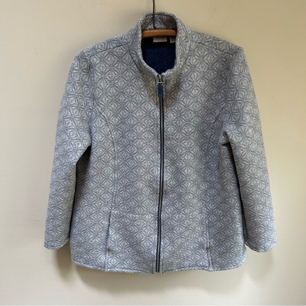 Chico’s ~Weekend’s Full Zip Gray Blue Geometric Jacket